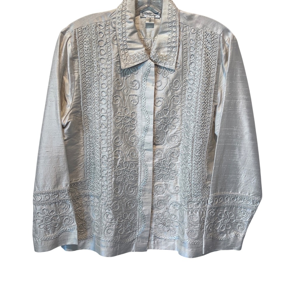 Coldwater Creek Womens Small Silk Soutache Embroidered Jacket Ivory Champagne